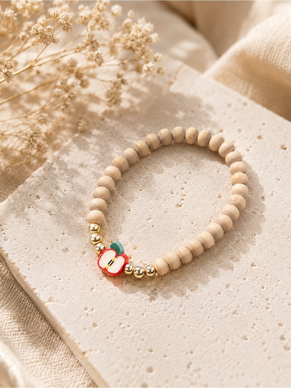 Beaded Apple Charm Stretch Bracelet - Beige